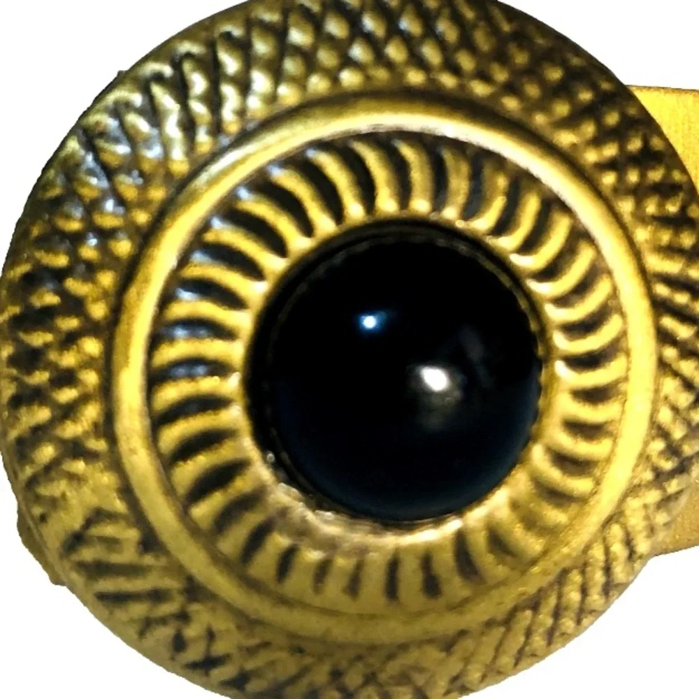 Brass Cuff Bracelet with Textured Medallion and Black Onyx Cabochon